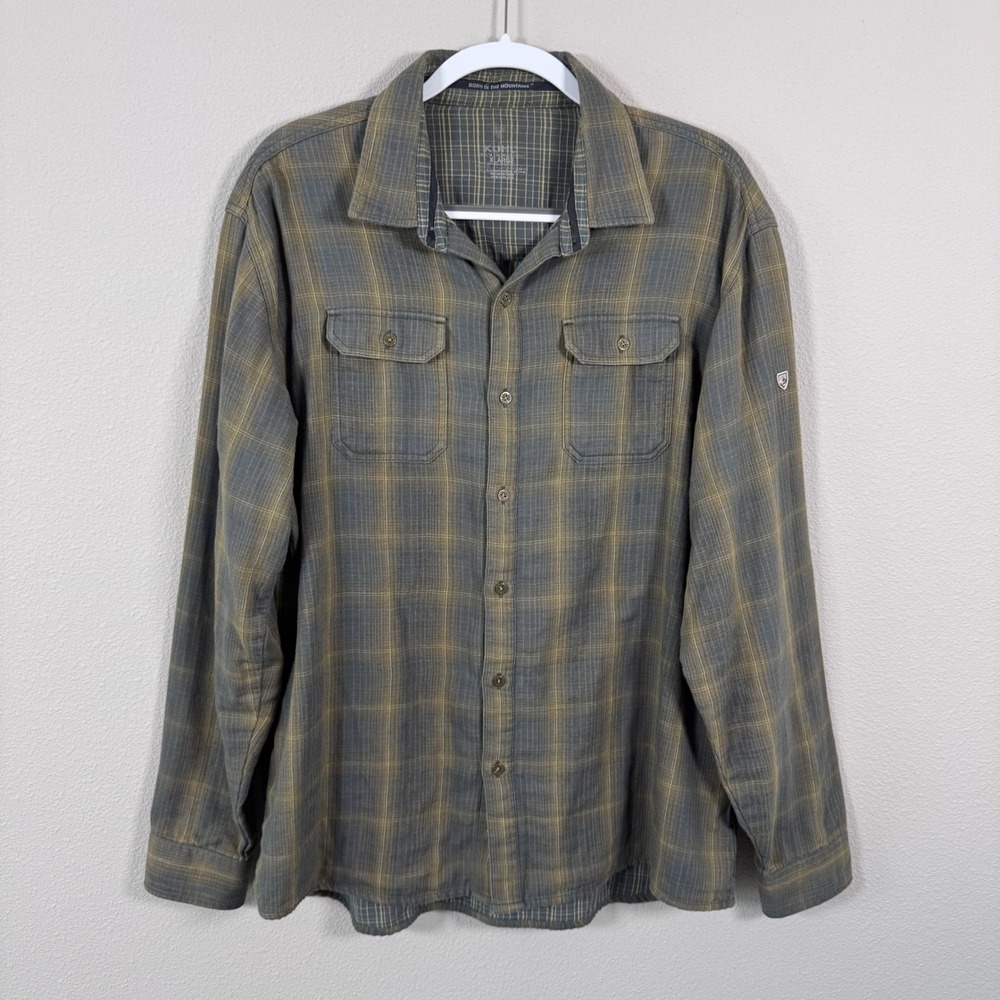 Kuhl Shatterd Shirt Plaid Long Sleeve Button Down Green Grey Gorpcore Men's XL